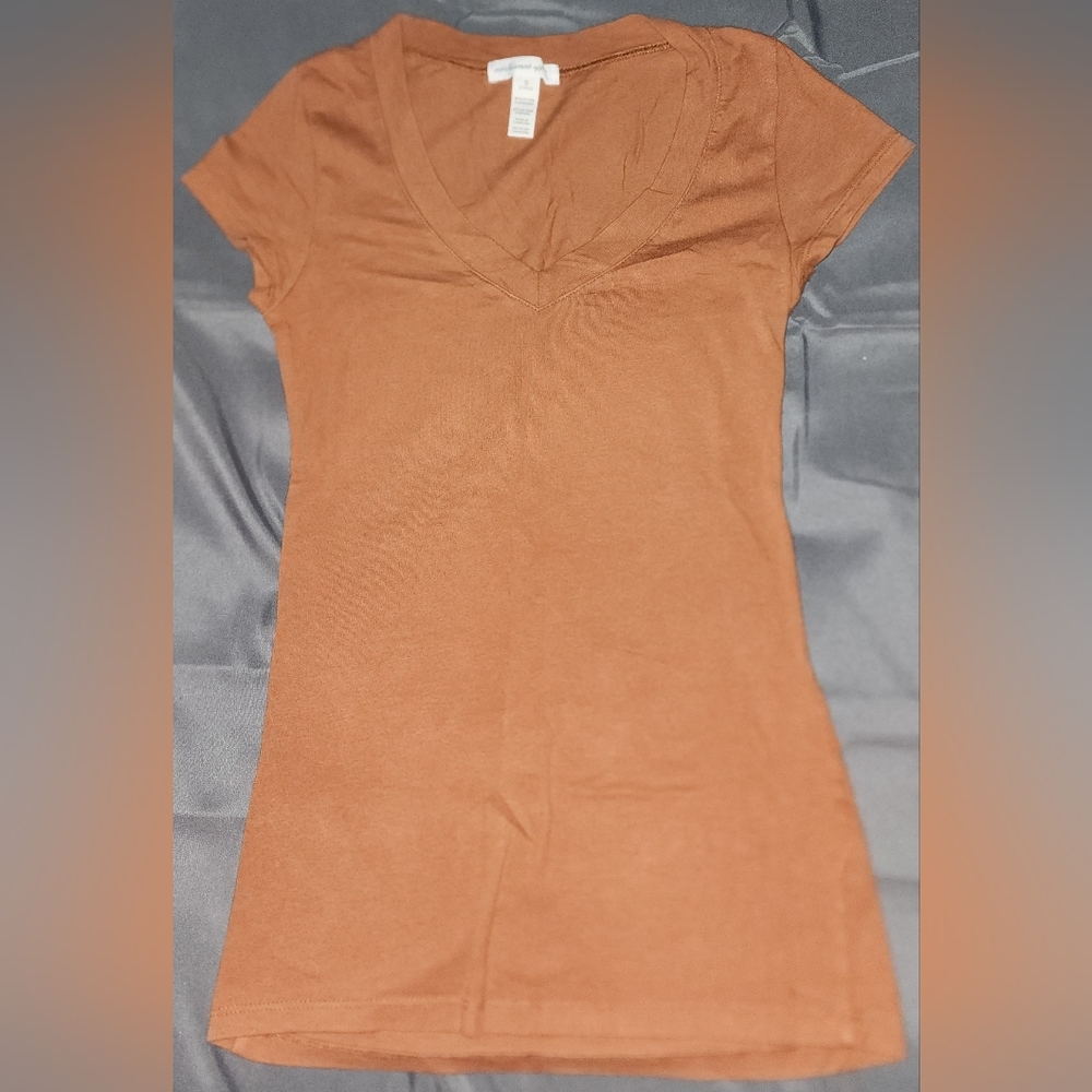 Womens Brown Short sleeve V neck T-shirt
